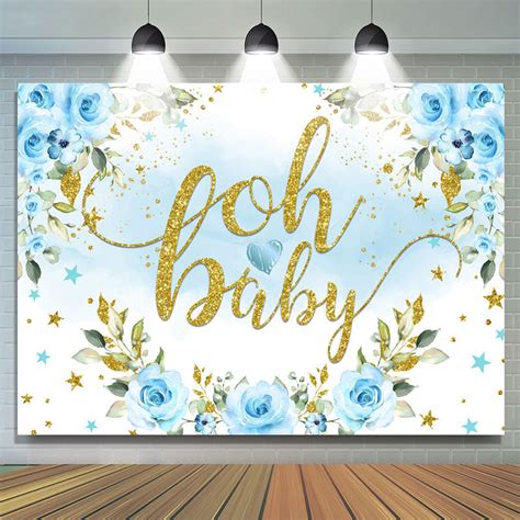 Light Blue Flowers And Glitter Baby Shower Backdrop