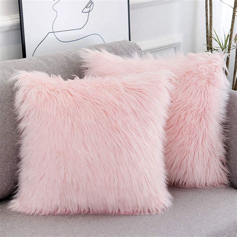 Amazon.com: WLNUI Set of 2 Pink Fluffy Pillow Covers New Luxury Series Merino Style Blush Faux ...