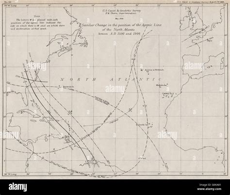 ATLANTIC OCEAN:Agonic Line change 1500-1900.Magnetic declination.USCGS, 1889 map Stock Photo - Alamy