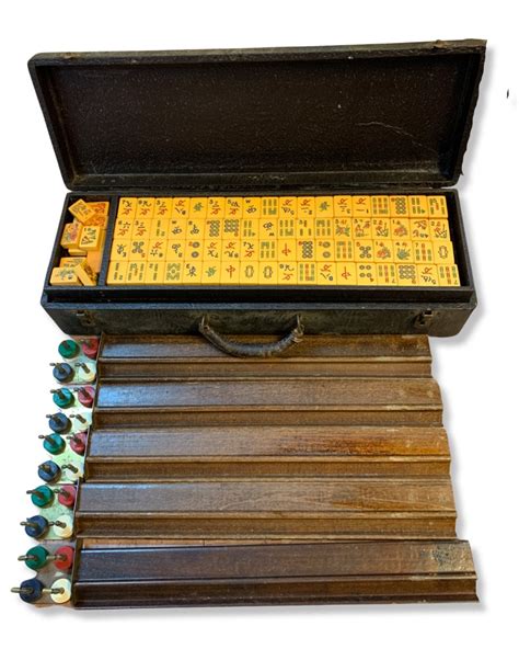 Vintage Mahjong Set Butterscotch Bakelite Tiles Coins Racks Dice ...