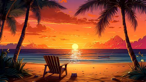 Anime background video of beautiful view sunset beach with bonfire, palm tree, sailboat, cartoon ...