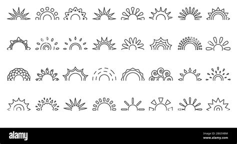 Black line half sun icon set. Logo blank frame for tattoo. Simple outline different shape ...