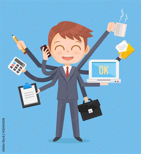 Happy office man character. Multitasking hard work. Vector flat cartoon ...