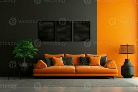 Vibrant Black wall orange sofa. Generate Ai 29195149 Stock Photo at Vecteezy