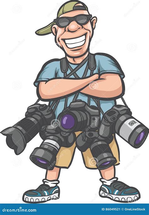 Funny Cartoon Character - Happy Photographer with Lots of Camera Stock Vector - Illustration of ...