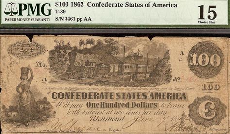 1862 $100 DOLLAR BILL CONFEDERATE STATES CURRENCY CIVIL WAR NOTE MONEY T-39 PMG | #1884030946