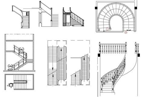 Front elevation and side elevation of staircase units along with spiral and straight stair ...