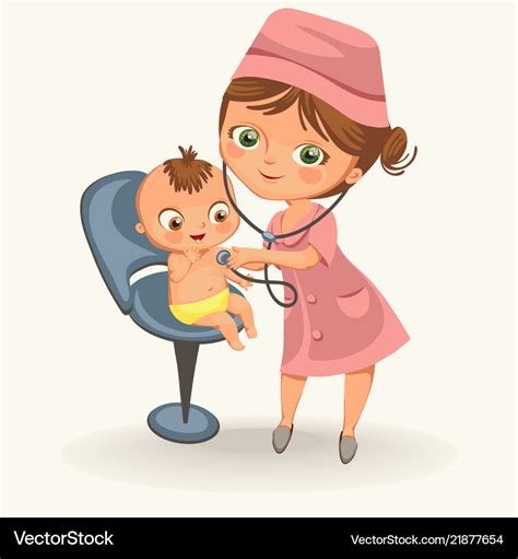 Cartoon pediatrician examines little kid poster Vector Image