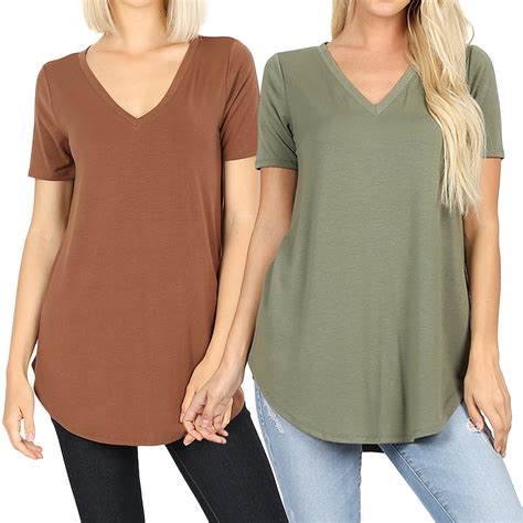 TheLovely - Women Short Sleeve V Neck Round Hem Relaxed Fit Casual Tee ...