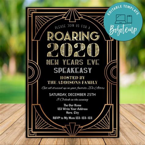 Printable Roaring 20s New Years Event Party Invitation DIY | Bobotemp