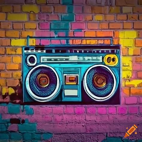 Graffiti sketch of a colorful boombox on a brick wall on Craiyon