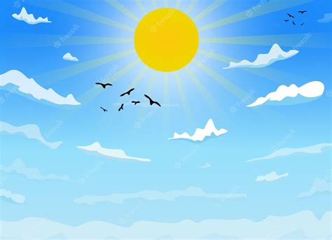 Premium Vector | Vector day landscape cartoon sky clouds, crow, sun and ...