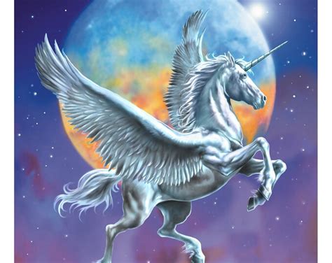 New Large Mythical UNICORN PEGASUS in SPACE by Moon on This 100% Cotton ...