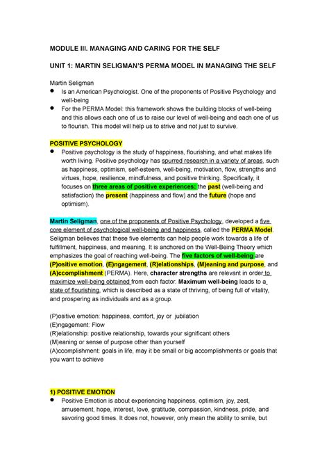 UNIT 1- Martin Seligman’S Perma Model IN Managing THE SELF - MODULE III ...