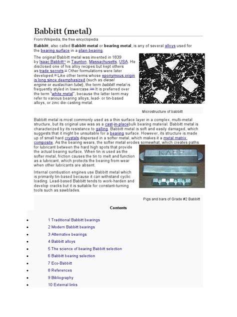 Babbitt (Metal) : Babbitt, Also Called Babbitt Metal or Bearing Metal, Is Any of Several | PDF ...