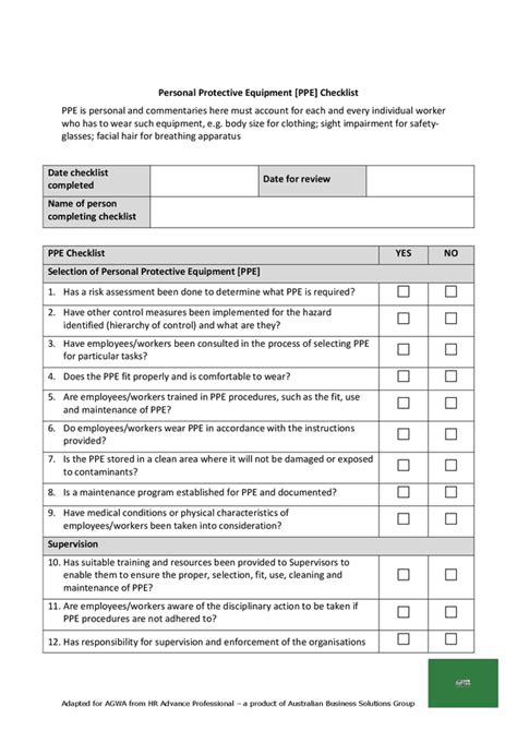 Personal protective equipment (PPE) checklist in Word and Pdf formats