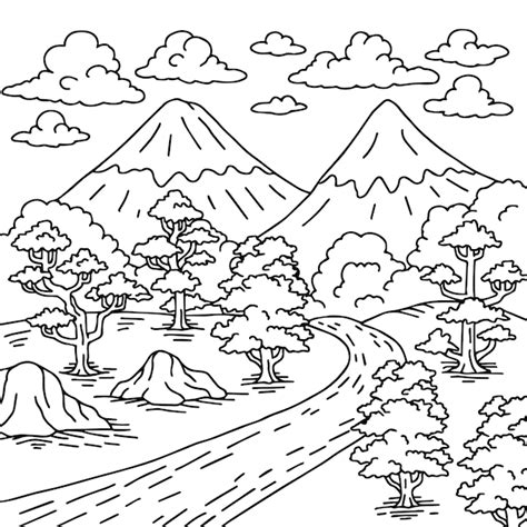 Premium Vector | Print design nature landscape outline coloring page