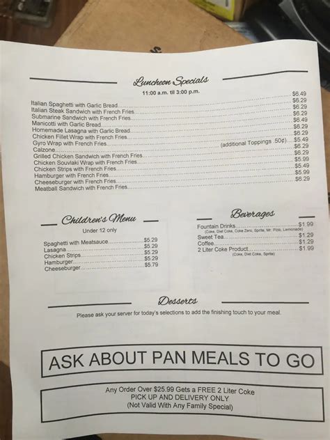 Menu at Milano's Pizza pizzeria, LaGrange