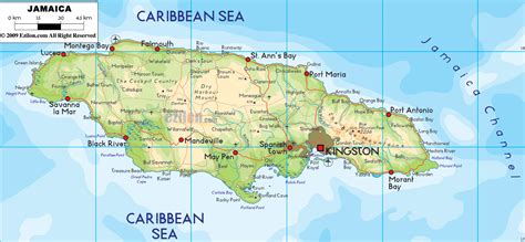 Large detailed physical and road map of Jamaica with cities. Jamaica large physical and road map ...