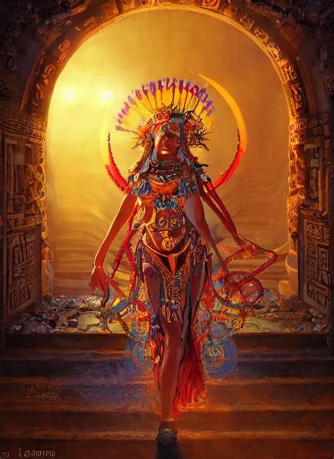 aztec sun goddess in a temple, vivid colors, dark | Stable Diffusion