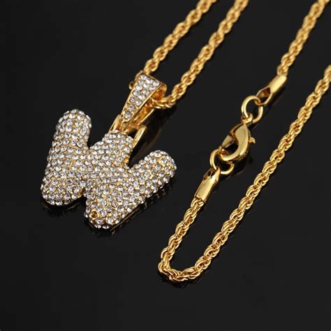 Personalized Necklace Hip Hop Crystal Letter Long Pendant Necklace Punk Rapper Gold Color Link ...