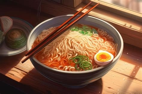 Premium AI Image | Anime style tasty ramen ni a bowl on a wooden table ...