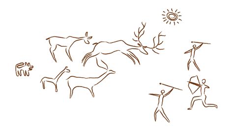 Prehistoric people hunt deer cave paintings. Primitive hunters with bows arrows in light sun and ...