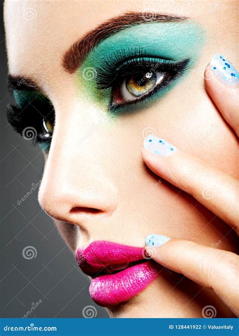 Face of a Beautiful Girl with Fashion Makeup and Blue Nails Stock Photo - Image of female ...