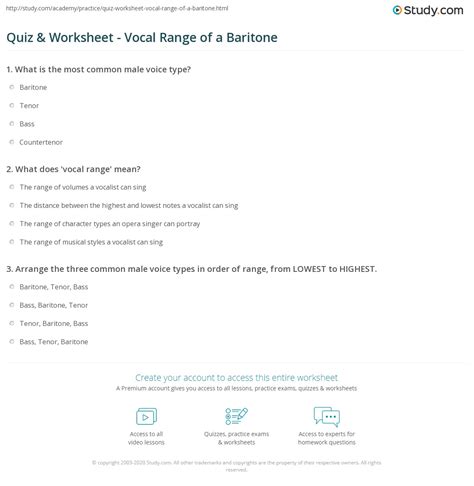 Quiz & Worksheet - Vocal Range of a Baritone | Study.com