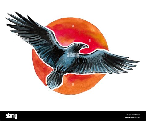 Red sun and flying raven Stock Photo - Alamy