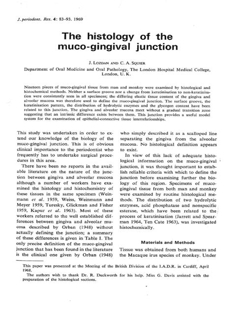 A5. Lozdan J, Squire C. The Histology of The Mucogingival Junction. J Perio Res 1968 | PDF