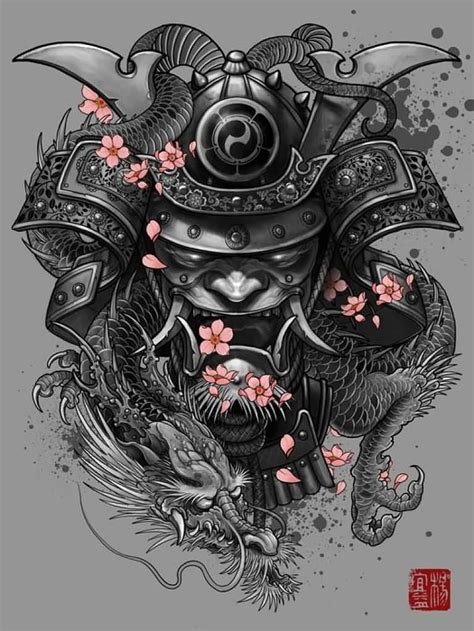 Black Ink Samurai Skull With Lotus Tattoo Design HD phone wallpaper ...