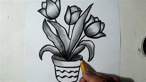 How to Draw A Flower Pot || Charcoal Drawing and Shading | Easy flower ...