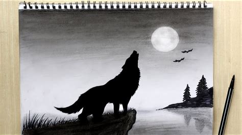 Charcoal Moonlight Drawing Halloween Original Charcoal Drawing of a Wolf A4 Original Art. Wolf ...