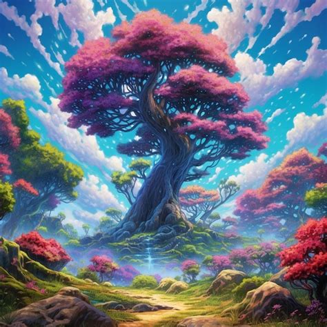 Premium Photo | A painting of a tree with a purple tree on it