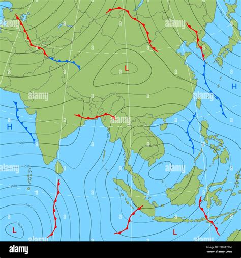 Forecast weather isobar map of Asia with wind fronts and temperature, vector background ...