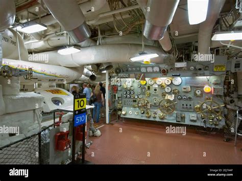 Engine room controls at USS Midway aircraft carrier museum ship, San Diego, California, USA ...