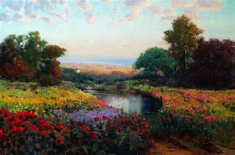 Landscape Oil Art Eric Wallis Meadow Lake Flowers Trees Sky 1080p HD desktop wallpaper ...