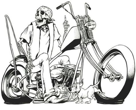 a black and white drawing of a skeleton riding a motorcycle with a dog ...