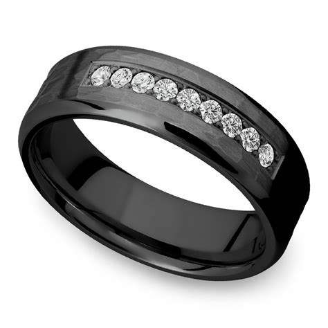 Black Mens Wedding Band With 9 Diamonds - Zirconium (7mm)