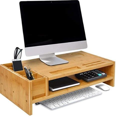 Bamboo Monitor Stand, Wood Computer Monitor Riser, Wooden Desk Organizers with Adjustable ...