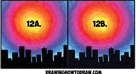 How to Draw or Paint Sunset with Black City Silhouette Cityscape Easy Step by Step with Colored ...