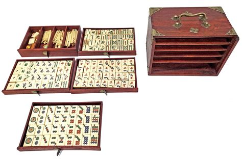 Lot - Vintage Bone & Mahogany Wood Mahjong Tile Set