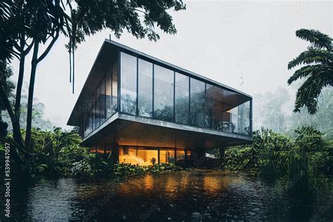 Modern design house in the rainforest jungle Stock Illustration | Adobe Stock