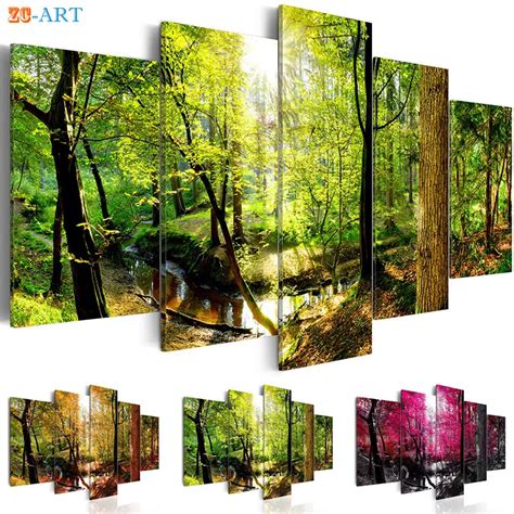 Forest Prints Landscape Painting Canvas Art 5 Panel Nature Poster Modern Wall Art Wall Pictures ...