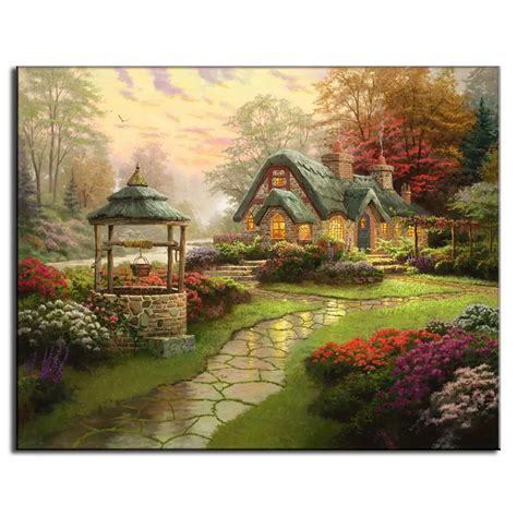 Country Landscape Oil Painting Prints on Canvas Pastoral Rainy Garden with Warm House Wall Art ...