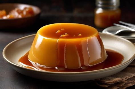 Premium AI Image | A plate of flan with a jar of caramel sauce on it