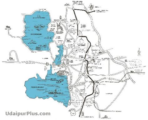 Udaipur city Tourist map with major roads and tourist places location. Udaipur city map, map of ...