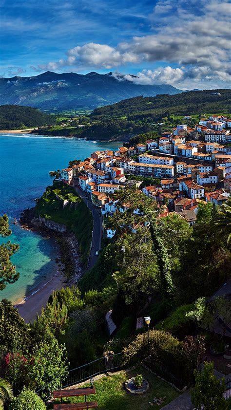 Photo Spain Lastres Asturias Mountains Coast Trees Houses 1080x1920