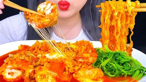 ASMR SEAFOOD SHRIMP CHEESY SPICY NOODLES | MUKBANG + RELAXING RAINING SOUNDS | ASMR Phan ...